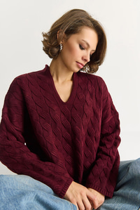 Kadın Oval Yaka Saç Örgü Oversize Triko Kazak TK241277 60284091 - Bordo KAZAK modelleri