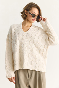 Kadın Oval Yaka Saç Örgü Oversize Triko Kazak TK241277 60284091 - Krem KAZAK modelleri