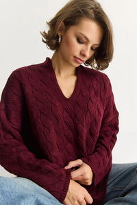 Kadın Oval Yaka Saç Örgü Oversize Triko Kazak TK241277 60284091 - Bordo KAZAK modelleri