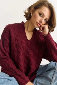 Kadın Oval Yaka Saç Örgü Oversize Triko Kazak TK241277 60284091 - Bordo KAZAK modelleri
