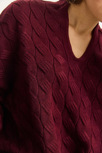 Kadın Oval Yaka Saç Örgü Oversize Triko Kazak TK241277 60284091 - Bordo KAZAK modelleri