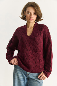 Kadın Oval Yaka Saç Örgü Oversize Triko Kazak TK241277 60284091 - Bordo KAZAK modelleri