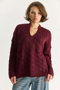 Kadın Oval Yaka Saç Örgü Oversize Triko Kazak TK241277 60284091 - Bordo KAZAK modelleri