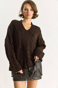 Kadın Oval Yaka Saç Örgü Oversize Triko Kazak TK241277 60284091 - Kahve KAZAK modelleri