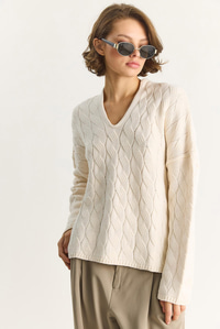 Kadın Oval Yaka Saç Örgü Oversize Triko Kazak TK241277 60284091 - Krem KAZAK modelleri