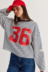 Kadın Oversize Çizgili 36 Baskılı Uzun Kollu T-Shirt 12680 60286585 - Ekru-Lacivert T-SHİRT modelleri