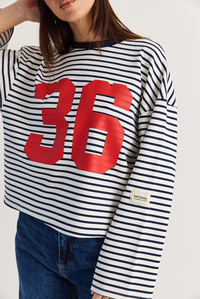 Kadın Oversize Çizgili 36 Baskılı Uzun Kollu T-Shirt 12680 60286585 - Ekru-Lacivert T-SHİRT modelleri
