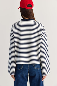 Kadın Oversize Çizgili 36 Baskılı Uzun Kollu T-Shirt 12680 60286585 - Ekru-Lacivert T-SHİRT modelleri