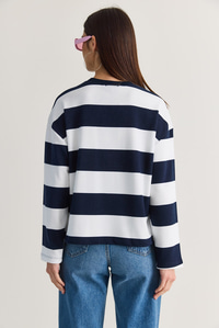 Kadın Oversize Çizgili New York Baskılı Sweatshirt MB9575 60286590 - Beyaz-Lacivert SWEATSHİRT modelleri