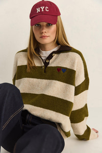 Kadın Oversize Çizgili Polo Yaka Kalp Desen Nakış İşlemeli Triko Kazak 2632 60283920 - Krem-Yeşil KAZAK modelleri