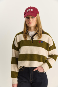 Kadın Oversize Çizgili Polo Yaka Kalp Desen Nakış İşlemeli Triko Kazak 2632 60283920 - Krem-Yeşil KAZAK modelleri