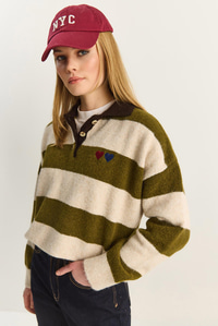 Kadın Oversize Çizgili Polo Yaka Kalp Desen Nakış İşlemeli Triko Kazak 2632 60283920 - Krem-Yeşil KAZAK modelleri