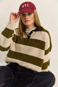 Kadın Oversize Çizgili Polo Yaka Kalp Desen Nakış İşlemeli Triko Kazak 2632 60283920 - Krem-Yeşil KAZAK modelleri