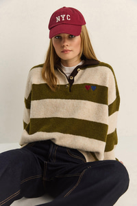 Kadın Oversize Çizgili Polo Yaka Kalp Desen Nakış İşlemeli Triko Kazak 2632 60283920 - Krem-Yeşil KAZAK modelleri