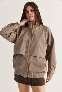 Kadın Oversize Dik Yaka Fermuarlı Lastik Bel Astarlı Kısa Trençkot 2820 60286510 - Vizon DIŞ GİYİM modelleri