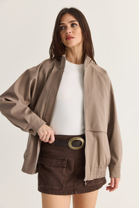 Kadın Oversize Dik Yaka Fermuarlı Lastik Bel Astarlı Kısa Trençkot 2820 60286510 - Vizon DIŞ GİYİM modelleri