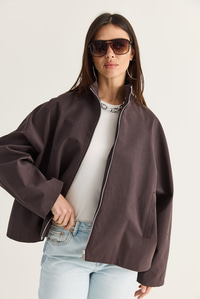 Kadın Oversize Dik Yaka Fermuarlı Reglan Kol A Kesim Kısa Trençkot 2100 60286511 - Acı Kahve DIŞ GİYİM modelleri