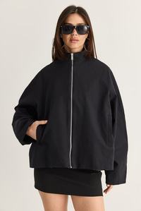 Kadın Oversize Dik Yaka Fermuarlı Reglan Kol A Kesim Kısa Trençkot 2100 60286511 - Siyah DIŞ GİYİM modelleri