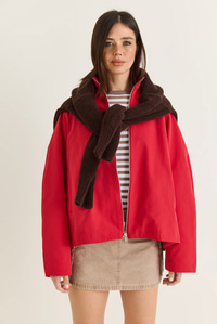 Kadın Oversize Dik Yaka Fermuarlı Reglan Kol A Kesim Kısa Trençkot 2100 60286511 - Kırmızı DIŞ GİYİM modelleri