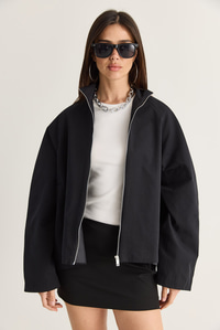 Kadın Oversize Dik Yaka Fermuarlı Reglan Kol A Kesim Kısa Trençkot 2100 60286511 - Siyah DIŞ GİYİM modelleri