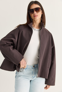 Kadın Oversize Dik Yaka Fermuarlı Reglan Kol A Kesim Kısa Trençkot 2100 60286511 - Acı Kahve DIŞ GİYİM modelleri