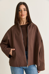 Kadın Oversize Dik Yaka Fermuarlı Reglan Kol A Kesim Kısa Trençkot 2100 60286511 - Kahverengi DIŞ GİYİM modelleri