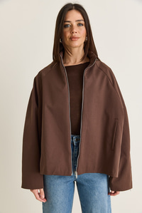 Kadın Oversize Dik Yaka Fermuarlı Reglan Kol A Kesim Kısa Trençkot 2100 60286511 - Kahverengi DIŞ GİYİM modelleri