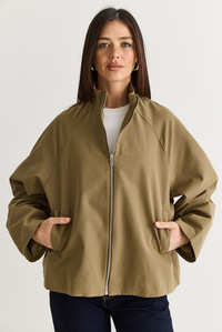Kadın Oversize Dik Yaka Fermuarlı Reglan Kol A Kesim Kısa Trençkot 2100 60286511 - Haki DIŞ GİYİM modelleri