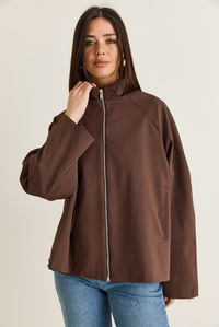 Kadın Oversize Dik Yaka Fermuarlı Reglan Kol A Kesim Kısa Trençkot 2100 60286511 - Kahverengi DIŞ GİYİM modelleri