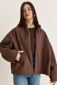 Kadın Oversize Dik Yaka Fermuarlı Reglan Kol A Kesim Kısa Trençkot 2100 60286511 - Kahverengi DIŞ GİYİM modelleri