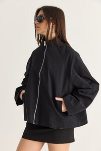 Kadın Oversize Dik Yaka Fermuarlı Reglan Kol A Kesim Kısa Trençkot 2100 60286511 - Siyah DIŞ GİYİM modelleri