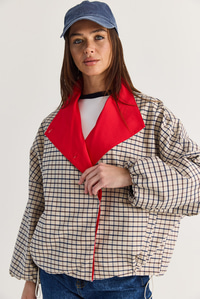 Kadın Oversize Ekose Desenli Astarlı Su İtici Yağmurluk Trençkot 4000 60286588 - Krem-Lacivert DIŞ GİYİM modelleri