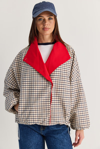 Kadın Oversize Ekose Desenli Astarlı Su İtici Yağmurluk Trençkot 4000 60286588 - Krem-Lacivert DIŞ GİYİM modelleri