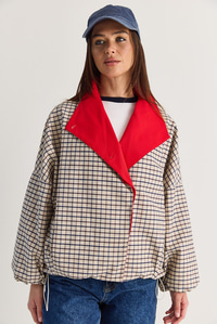 Kadın Oversize Ekose Desenli Astarlı Su İtici Yağmurluk Trençkot 4000 60286588 - Krem-Lacivert DIŞ GİYİM modelleri