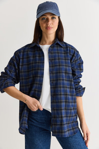 Kadın Oversize Ekose Desenli Oduncu Gömlek DG261035 60286552 - Gri-Lacivert GÖMLEK modelleri