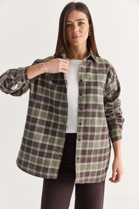 Kadın Oversize Ekose Desenli Oduncu Gömlek DG261035 60286552 - Kahverengi-Haki GÖMLEK modelleri