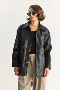Kadın Oversize Fermuarlı Büyük Cep Detaylıb Astarlı Suni Deri Ceket 3130 60283559 - Siyah CEKET modelleri