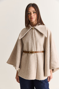 Kadın Oversize Gold Düğme Detaylı Keçe Dokulu Yakalı Kemerli Panço 55022 60286553 - Krem DIŞ GİYİM modelleri