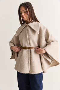 Kadın Oversize Gold Düğme Detaylı Keçe Dokulu Yakalı Kemerli Panço 55022 60286553 - Krem DIŞ GİYİM modelleri