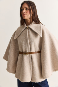 Kadın Oversize Gold Düğme Detaylı Keçe Dokulu Yakalı Kemerli Panço 55022 60286553 - Krem DIŞ GİYİM modelleri