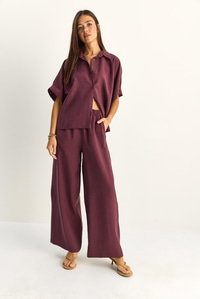 Kadın Oversize Kısa Kol Gömlek Beli Lastikli Geniş Paça Pantolon Takım 7651 60286138 - Mürdüm ALT - ÜST TAKIM modelleri