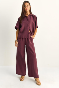 Kadın Oversize Kısa Kol Gömlek Beli Lastikli Geniş Paça Pantolon Takım 7651 60286138 - Mürdüm ALT - ÜST TAKIM modelleri
