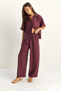 Kadın Oversize Kısa Kol Gömlek Beli Lastikli Geniş Paça Pantolon Takım 7651 60286138 - Mürdüm ALT - ÜST TAKIM modelleri