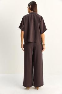 Kadın Oversize Kısa Kol Gömlek Beli Lastikli Geniş Paça Pantolon Takım 7651 60286138 - Acı Kahve ALT - ÜST TAKIM modelleri