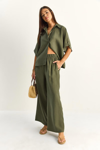 Kadın Oversize Kısa Kol Gömlek Beli Lastikli Geniş Paça Pantolon Takım 7651 60286138 - Haki ALT - ÜST TAKIM modelleri