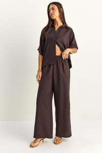 Kadın Oversize Kısa Kol Gömlek Beli Lastikli Geniş Paça Pantolon Takım 7651 60286138 - Acı Kahve ALT - ÜST TAKIM modelleri