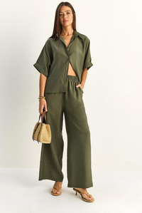 Kadın Oversize Kısa Kol Gömlek Beli Lastikli Geniş Paça Pantolon Takım 7651 60286138 - Haki ALT - ÜST TAKIM modelleri
