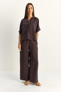 Kadın Oversize Kısa Kol Gömlek Beli Lastikli Geniş Paça Pantolon Takım 7651 60286138 - Acı Kahve ALT - ÜST TAKIM modelleri
