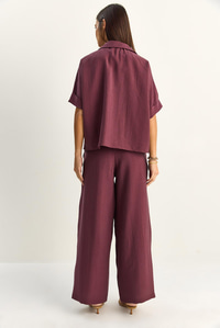 Kadın Oversize Kısa Kol Gömlek Beli Lastikli Geniş Paça Pantolon Takım 7651 60286138 - Mürdüm ALT - ÜST TAKIM modelleri
