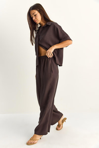 Kadın Oversize Kısa Kol Gömlek Beli Lastikli Geniş Paça Pantolon Takım 7651 60286138 - Acı Kahve ALT - ÜST TAKIM modelleri